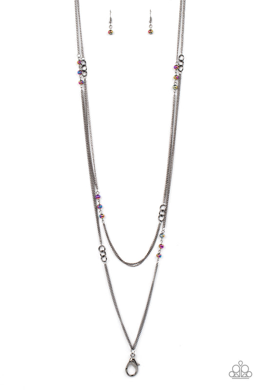 Paparazzi Accessories Ethereal Expectations - Multi Sections of metallic oil spill beads join trios of dainty gunmetal links along trestles of lengthened gunmetal chain that dramatically layer down the chest for an otherworldly effect. A lobster clasp han
