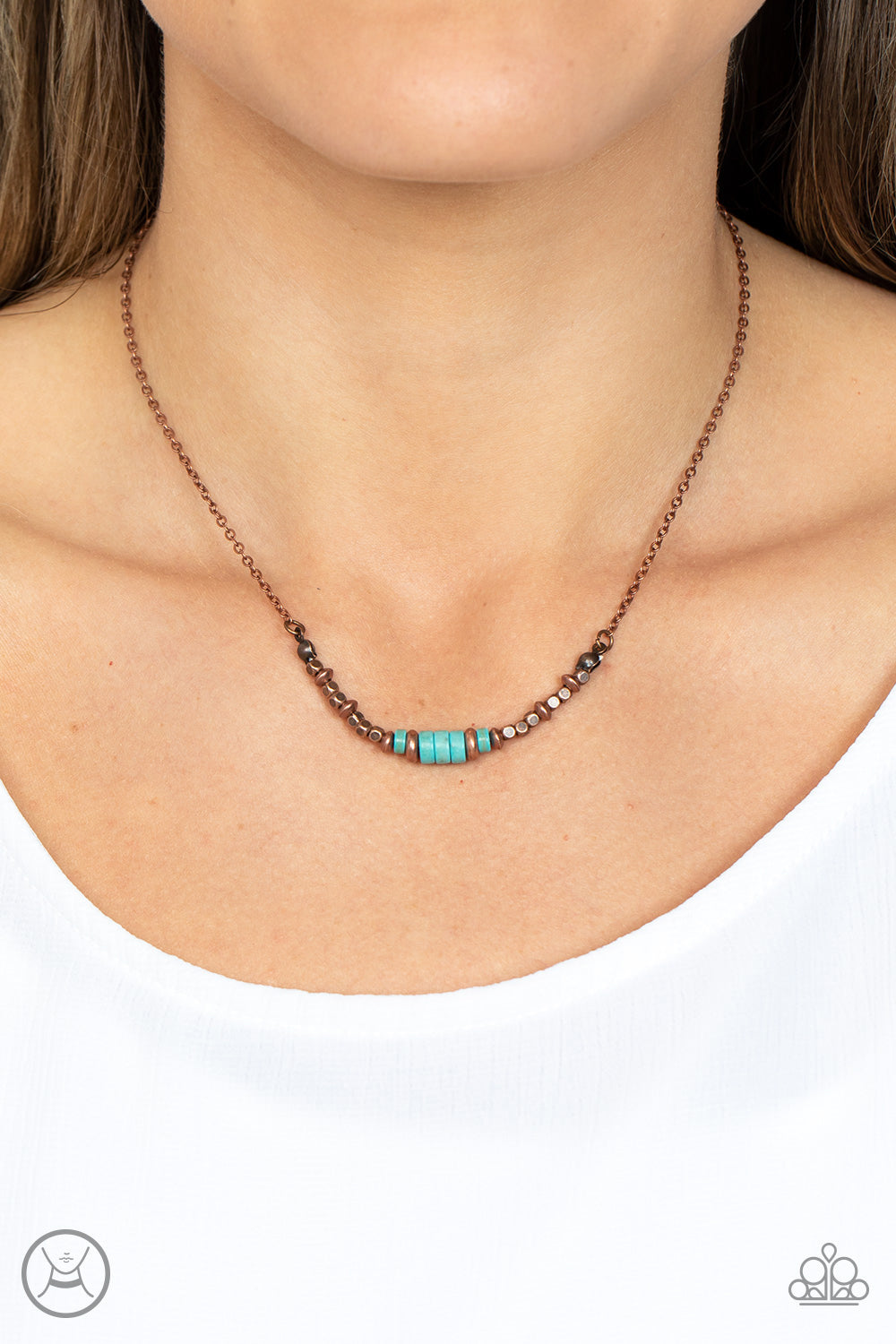 Paparazzi Accessories Retro Rejuvenation - Copper A trio of refreshing turquoise stone discs is flanked by square copper beads threaded along a dainty copper chain, creating a harmonious display around the neck. Features an adjustable clasp closure. Sold