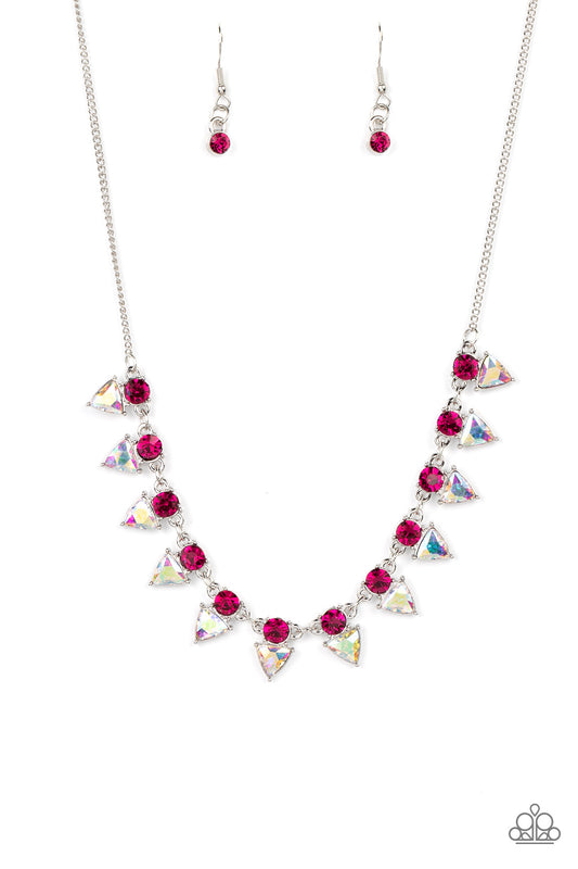 Paparazzi Accessories Razor-Sharp Refinement - Pink Solitaire pink rhinestones sparkle atop iridescent prism-like gems below the collar, linking into a sharp-looking statement piece. Features an adjustable clasp closure. Due to its prismatic palette, colo