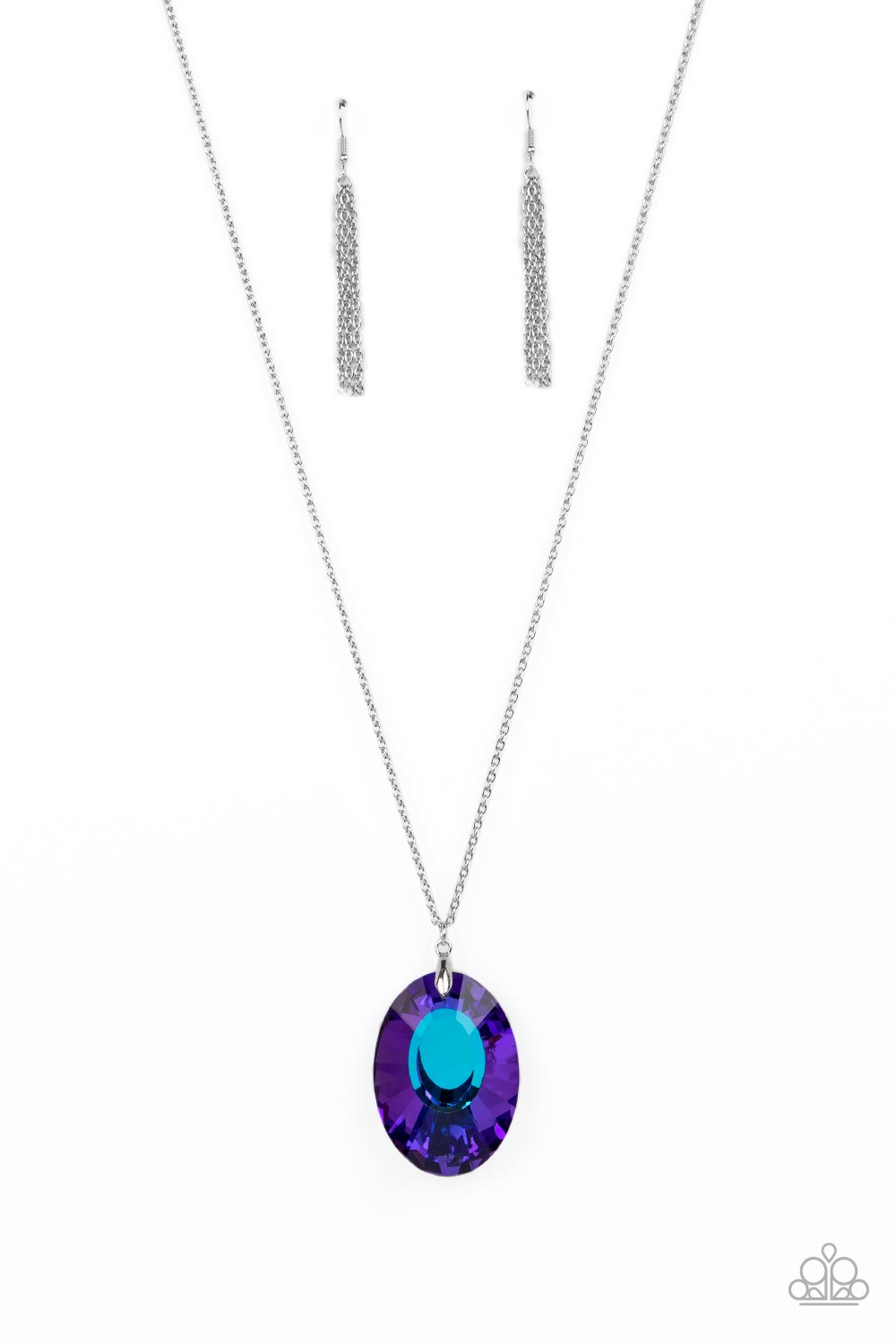 Paparazzi Accessories Celestial Essence - Blue Featuring a blue reflective focal point and an exaggerated faceted surface, a dramatically oversized, blue iridescent gem sparkles at the bottom of a lengthened silver chain for an out-of-this-world kind of d