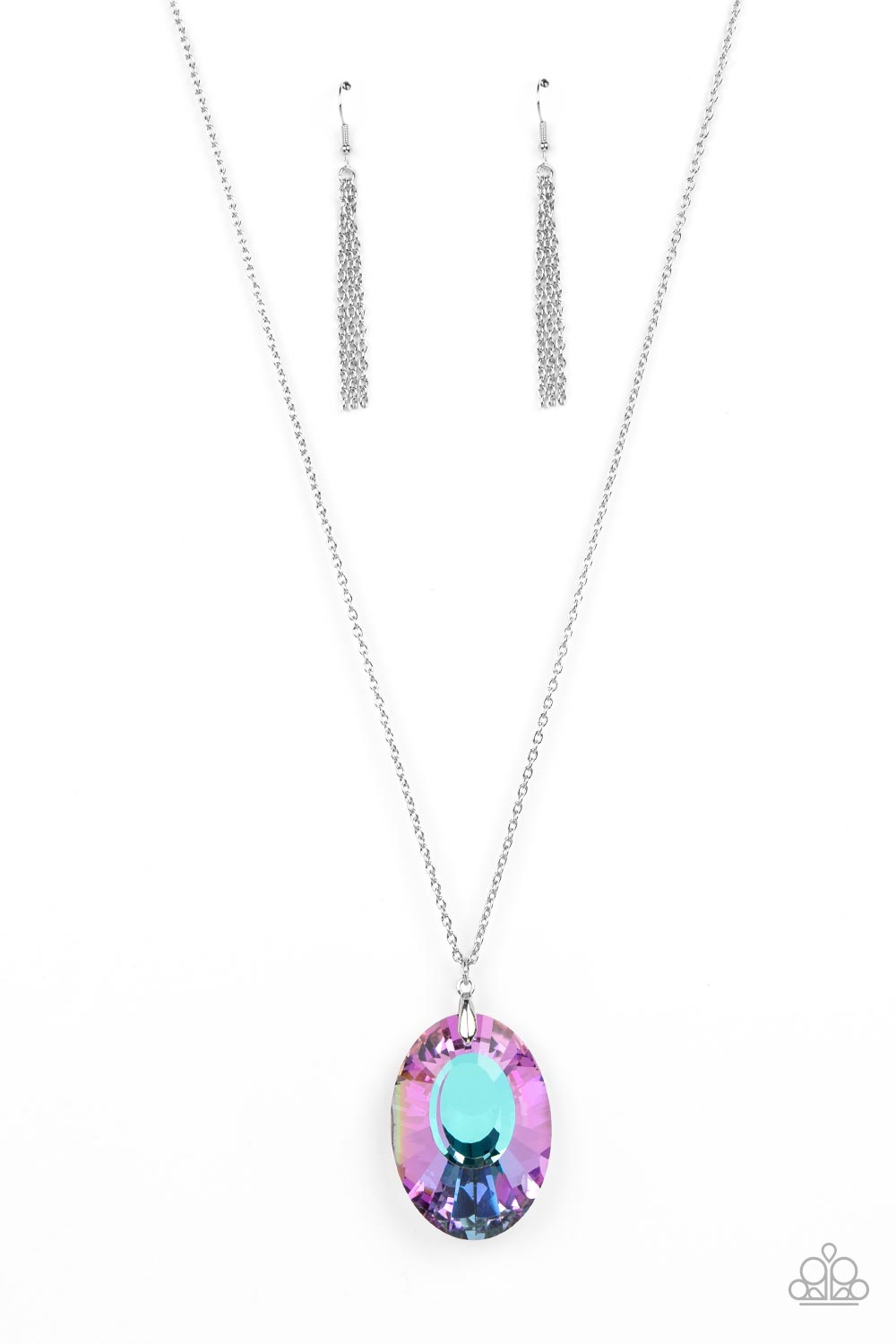 Paparazzi Accessories Celestial Essence - Purple Featuring a blue reflective focal point and an exaggerated faceted surface, a dramatically oversized, purple iridescent gem sparkles at the bottom of a lengthened silver chain for an out-of-this-world kind