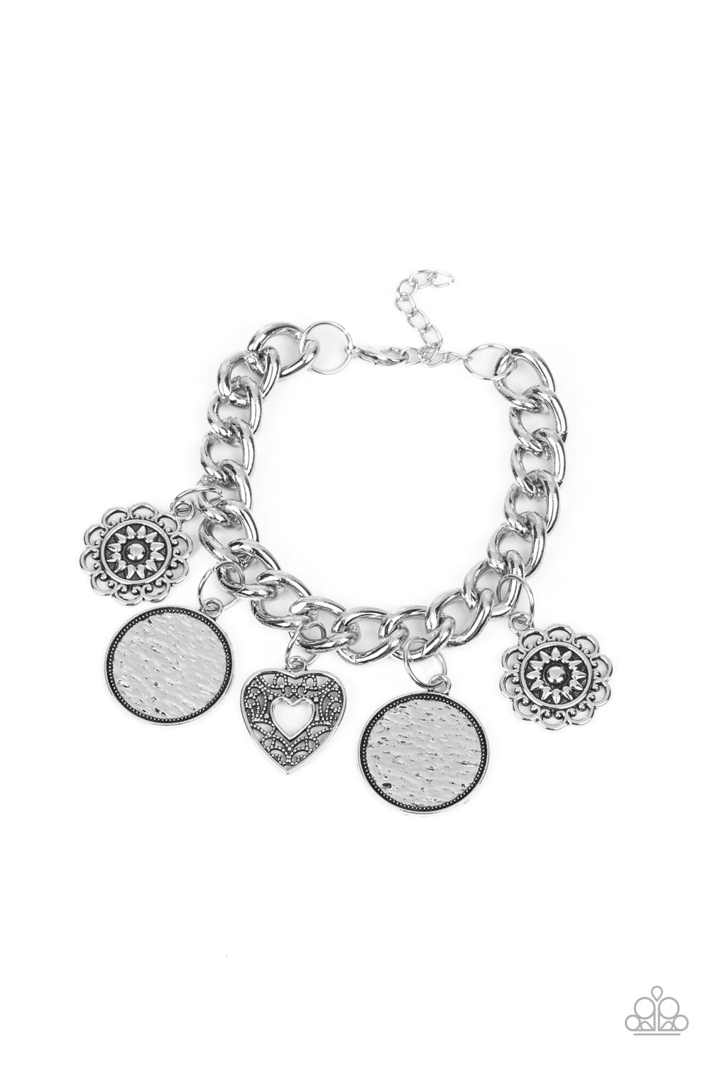 Paparazzi Accessories Complete CHARM-ony - Silver A whimsical collection of silver charms — including an airy heart, flowers, and textured coin-like discs — dance from a chunky silver chain around the wrist, creating a boisterous fringe. Features an adjus