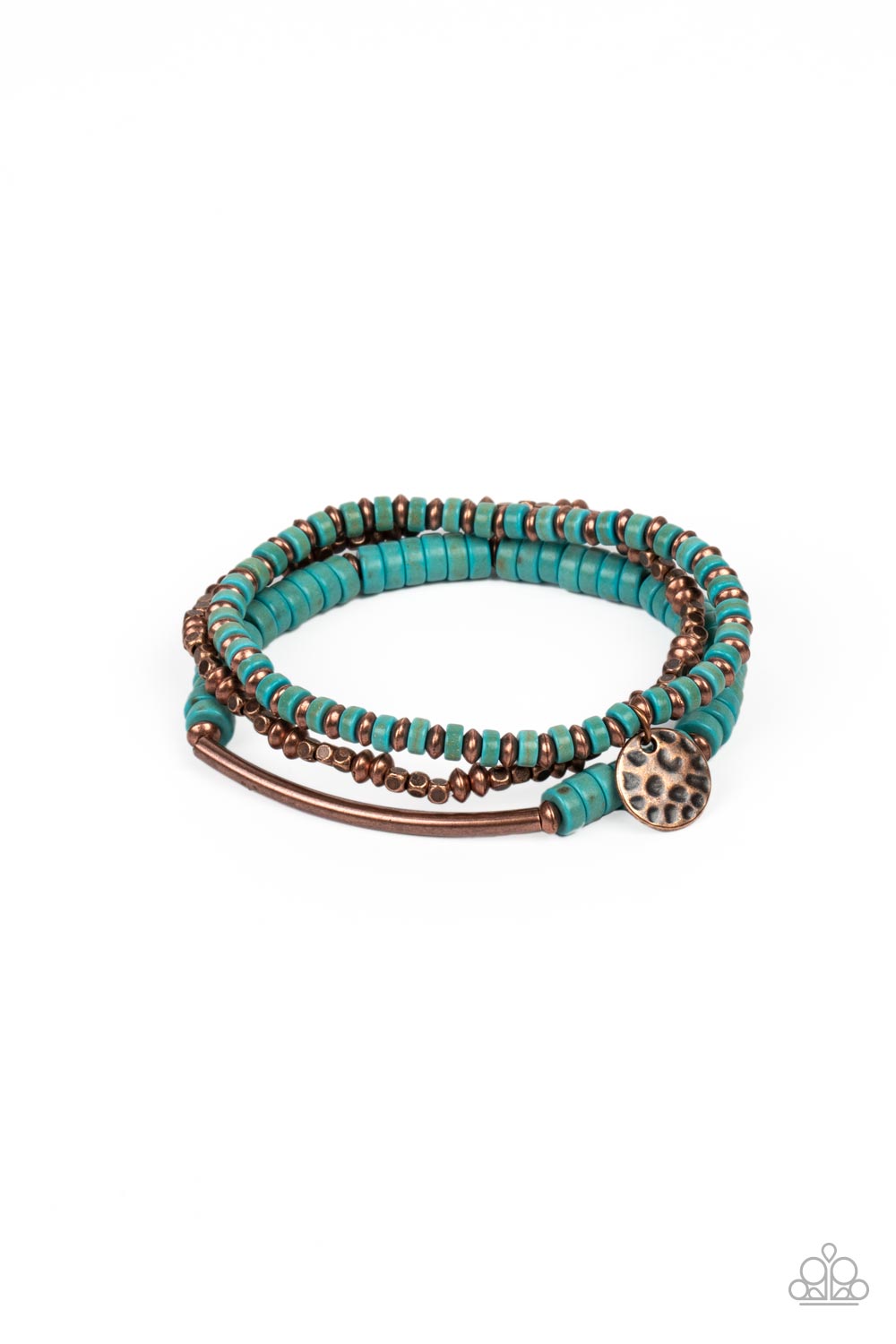 Paparazzi Accessories Terraform Trendsetter - Copper A collection of rustic copper square and oval beads, earthy turquoise stone discs, a hammered copper disc, and a curved copper cylinder, are threaded along stretchy bands, making three distinctive desig