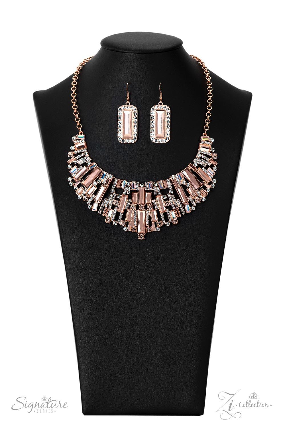 Paparazzi Accessories The Deborah An infinite display of iridescent bars, shiny copper bars with a metallic and reflective finish, white rhinestones, rhinestones with peach-colored undertones, and shiny copper bars studded with dazzling white rhinestones