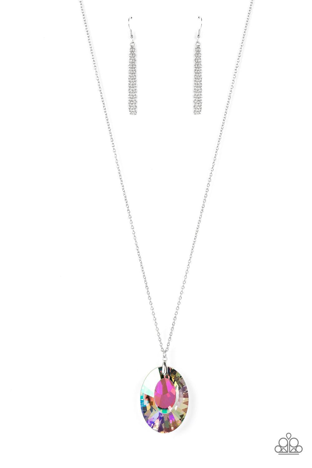 Paparazzi Accessories Celestial Essence - Multi Featuring a reflective focal point and an exaggerated faceted surface, a dramatically oversized, iridescent gem sparkles at the bottom of a lengthened silver chain for an out-of-this-world kind of dazzle. Fe