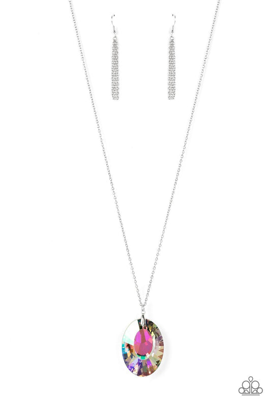 Paparazzi Accessories Celestial Essence - Multi Featuring a reflective focal point and an exaggerated faceted surface, a dramatically oversized, iridescent gem sparkles at the bottom of a lengthened silver chain for an out-of-this-world kind of dazzle. Fe