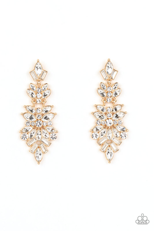 Paparazzi Accessories Frozen Fairytale - Gold Trestles of round, marquise, and emerald cut rhinestones cluster into three sparkly segments as they link into a jaw-dropping lure, resulting in an icy statement piece. Earring attaches to a standard post fitt
