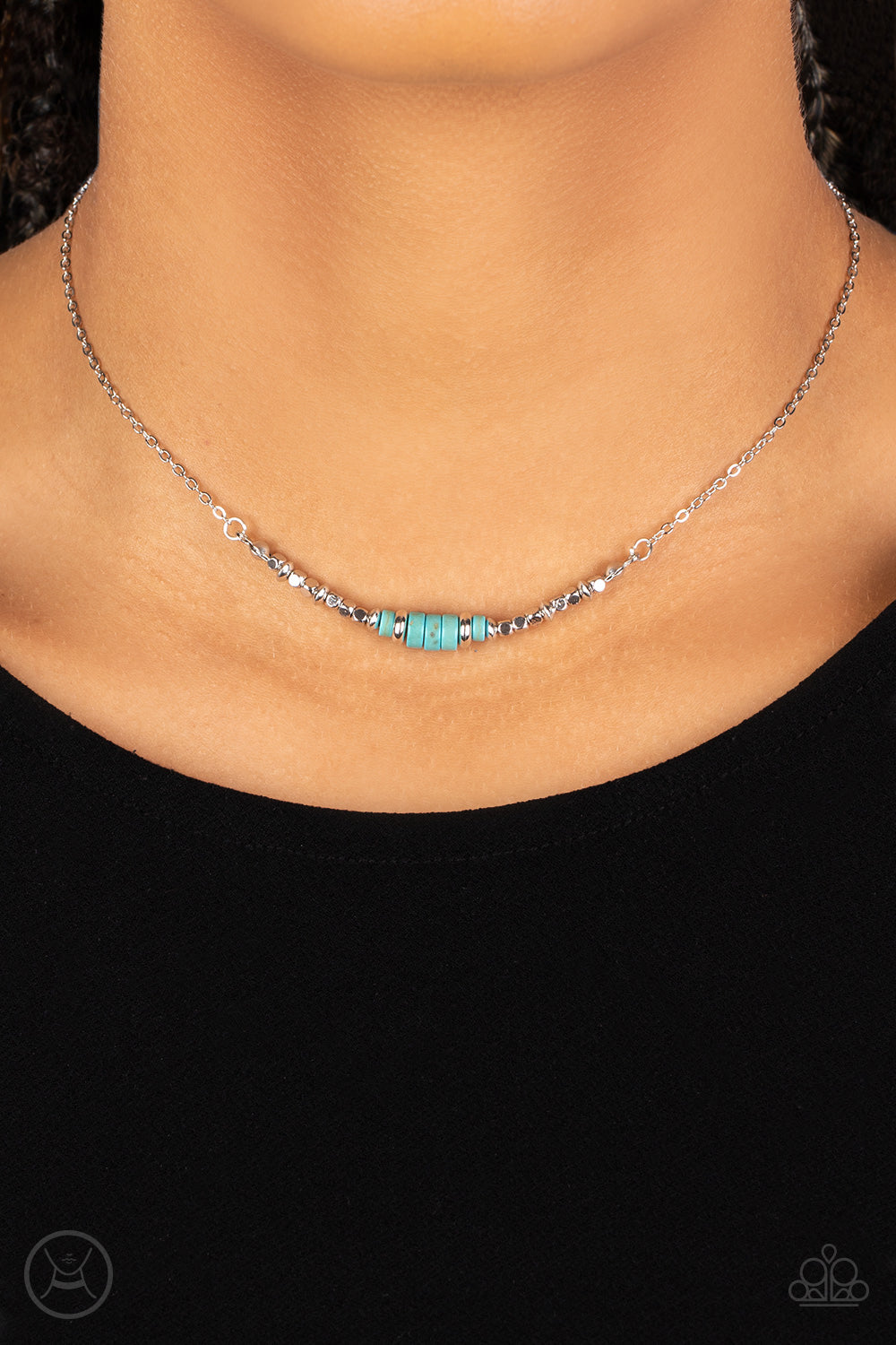 Paparazzi Accessories Retro Rejuvenation - Blue A trio of earthy turquoise stone discs is flanked by square silver beads threaded along a dainty silver chain, creating a harmonious display. Features an adjustable clasp closure. Sold as one individual chok