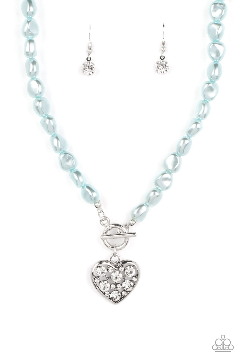 Paparazzi Accessories Color Me Smitten - Blue An imperfect collection of pearly blue beads are threaded along an invisible wire below the collar, creating a colorful display. Dotted in glittery white rhinestones, an airy silver heart pendant sparkles at t