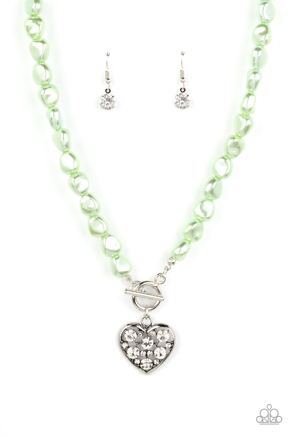 Paparazzi Accessories Color Me Smitten - Green An imperfect collection of pearly green beads are threaded along an invisible wire below the collar, creating a colorful display. Dotted in glittery white rhinestones, an airy silver heart pendant sparkles at