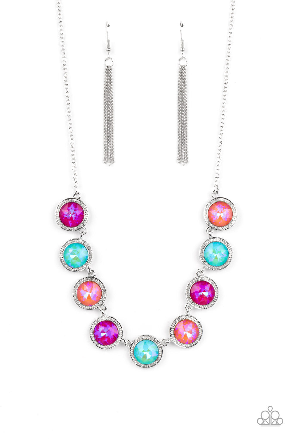 Paparazzi Accessories Queen of the Cosmos - Orange Featuring stellar iridescent finishes, a glittery collection of coral, blue, and pink gems sparkles inside studded silver frames. The colorful frames delicately link below the collar, creating an out-of-t