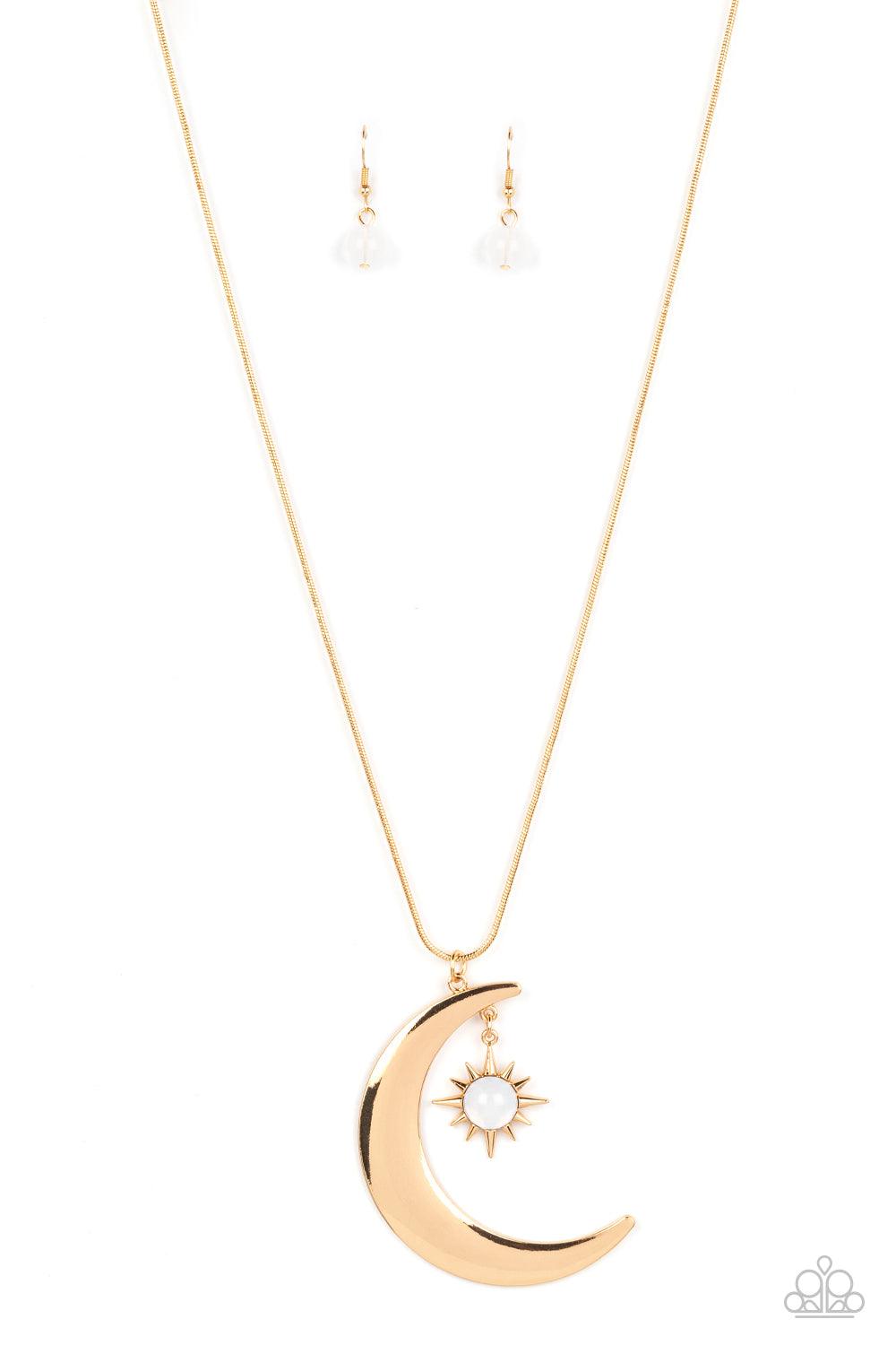 Paparazzi Accessories Astral Ascension - Gold An opaque white bead is pressed into the center of a gold star that dances from the top of a gold half moon pendant, creating a celestial pendant at the bottom of a lengthened gold snake chain. Features an adj