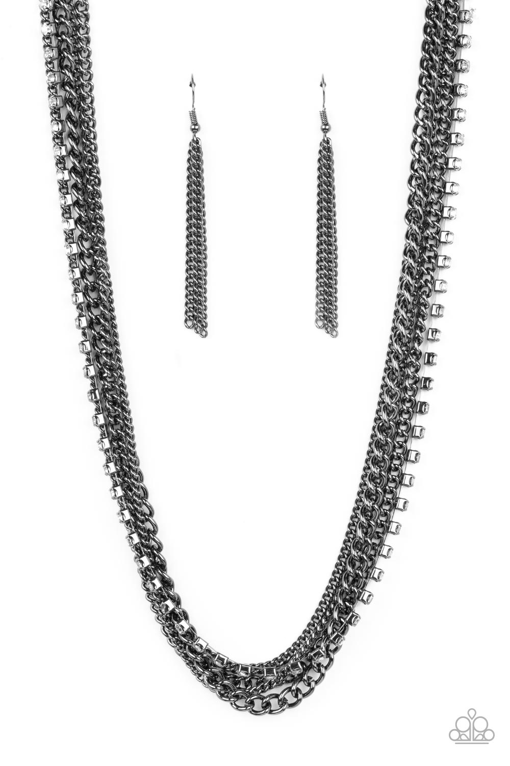Paparazzi Accessories Free to CHAINge My Mind - Black A mashup of gunmetal chains collides with a strand of sparkling white rhinestones encased in gunmetal fittings. The contrast of gritty gunmetal finishes and shimmery accents creates a brilliant display