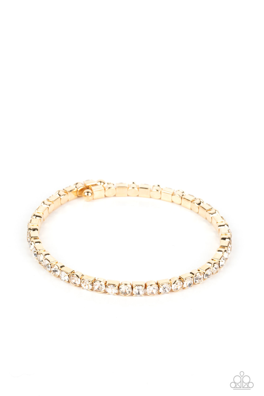 Paparazzi Accessories Rhinestone Spell - Gold Set in simple square and circular gold fittings, a sparkly strand of icy white rhinestones delicately curls around the wrist, resulting in a spellbinding cuff-like bracelet. Sold as one individual bracelet. Je
