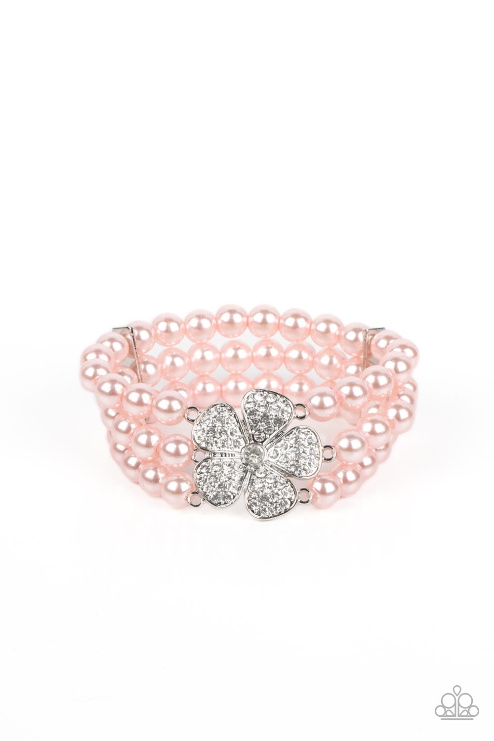 Paparazzi Accessories Park Avenue Orchard - Pink Separated by dainty silver plates, bubbly pink pearls are threaded along three stretchy bands around the wrist. Encrusted in glassy white rhinestones, a glitzy silver flower blooms at the center of the wris