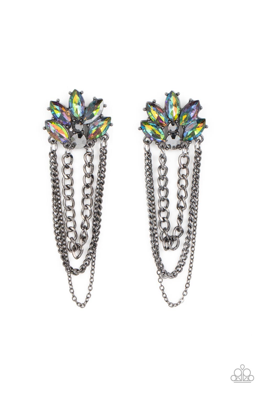 Paparazzi Accessories Reach for the SKYSCRAPERS - Multi Marquise-cut beads in an oil spill finish fan out from a pair of smoky rhinestones to create a dramatic display. Strands of gunmetal chains drape from the metallic fixture, creating swaying movement,