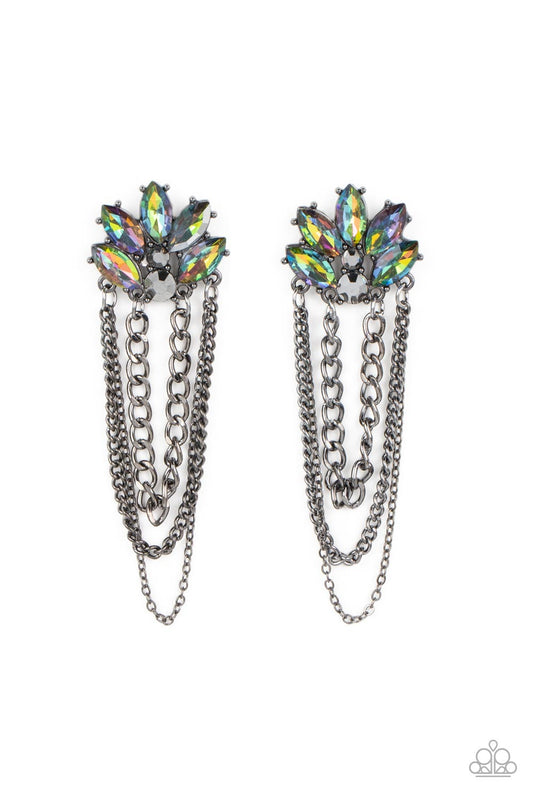 Paparazzi Accessories Reach for the SKYSCRAPERS - Multi Marquise-cut beads in an oil spill finish fan out from a pair of smoky rhinestones to create a dramatic display. Strands of gunmetal chains drape from the metallic fixture, creating swaying movement,