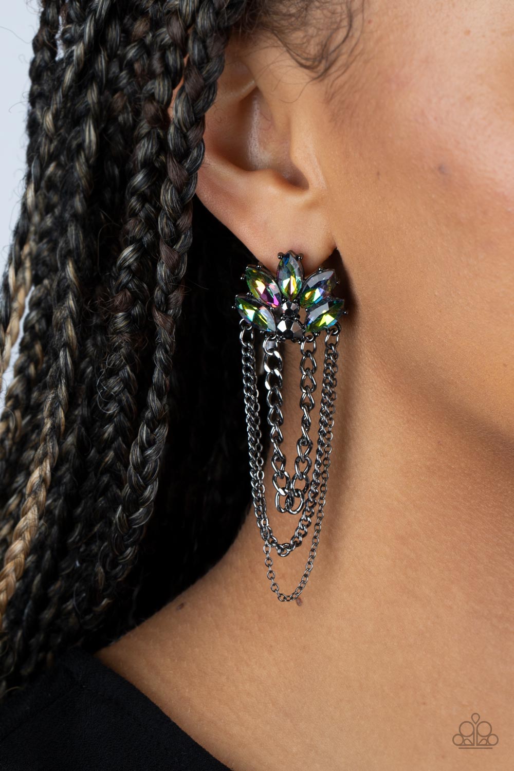 Paparazzi Accessories Reach for the SKYSCRAPERS - Multi Marquise-cut beads in an oil spill finish fan out from a pair of smoky rhinestones to create a dramatic display. Strands of gunmetal chains drape from the metallic fixture, creating swaying movement,