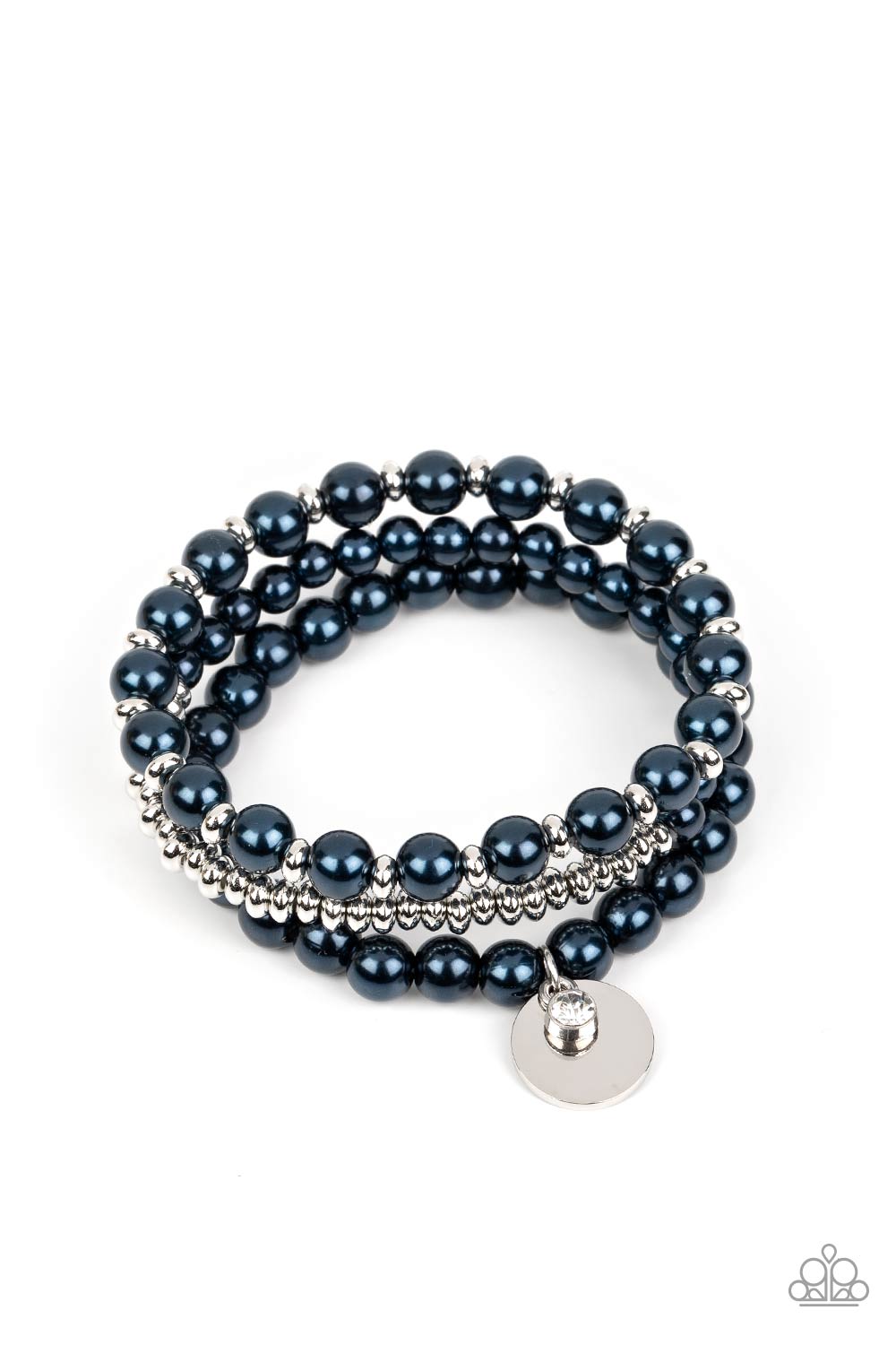 Paparazzi Accessories Pearly Professional - Blue Navy blue pearls, glistening silver beads, and a white crystal rhinestone are threaded along elastic stretchy bands, creating refined layers across the wrist. Sold as one set of three bracelets. Jewelry