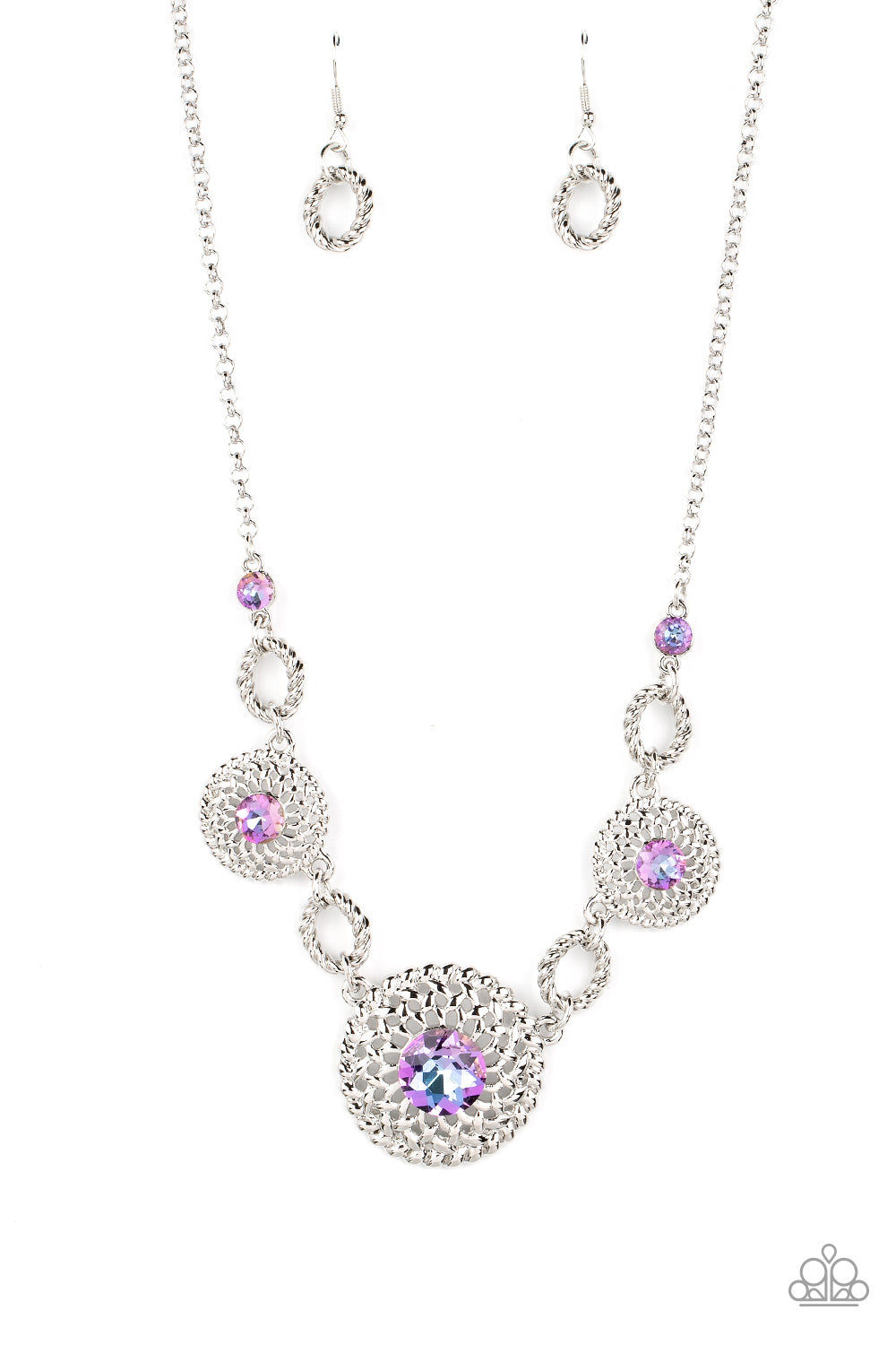 Paparazzi Accessories Cosmic Cosmos - Purple Airy silver petals delicately bloom inside twisted silver hoops below the collar. Dotted with iridescent purple rhinestone centers, the flowery frames gradually increase in size as they link with twisted silver