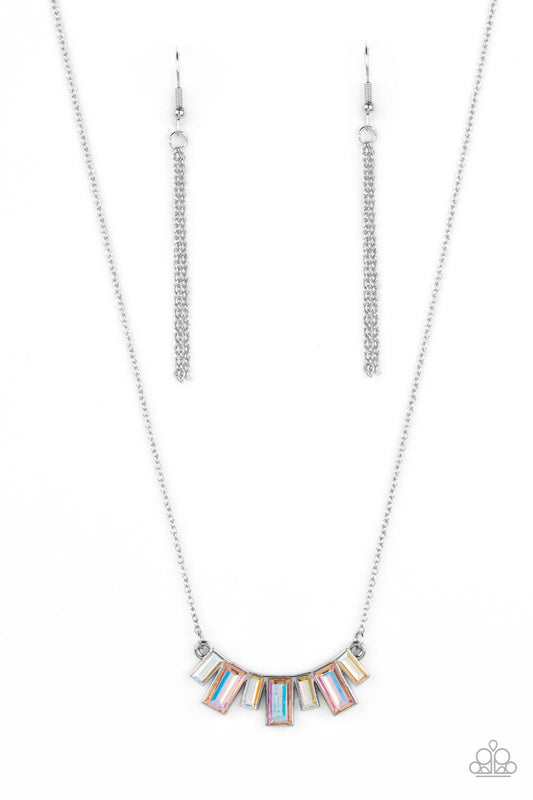Paparazzi Accessories Hype Girl Glamour - Multi Emerald-cut gems in a peachy shade alternate with iridescent rhinestones in the same dramatic shape, falling in line to create a dainty pendant. The varying sizes of the gems create depth and dimension as th