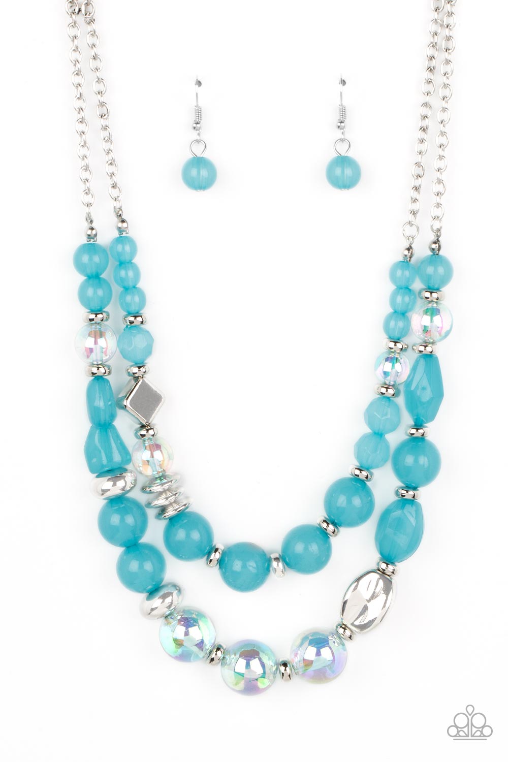 Paparazzi Accessories Mere Magic - Blue Featuring various shapes and finishes, a mismatched assortment of silver, iridescent, opaque Waterspout beads have been threaded along invisible wires below the collar, creating ethereal layers. Features an adjustab