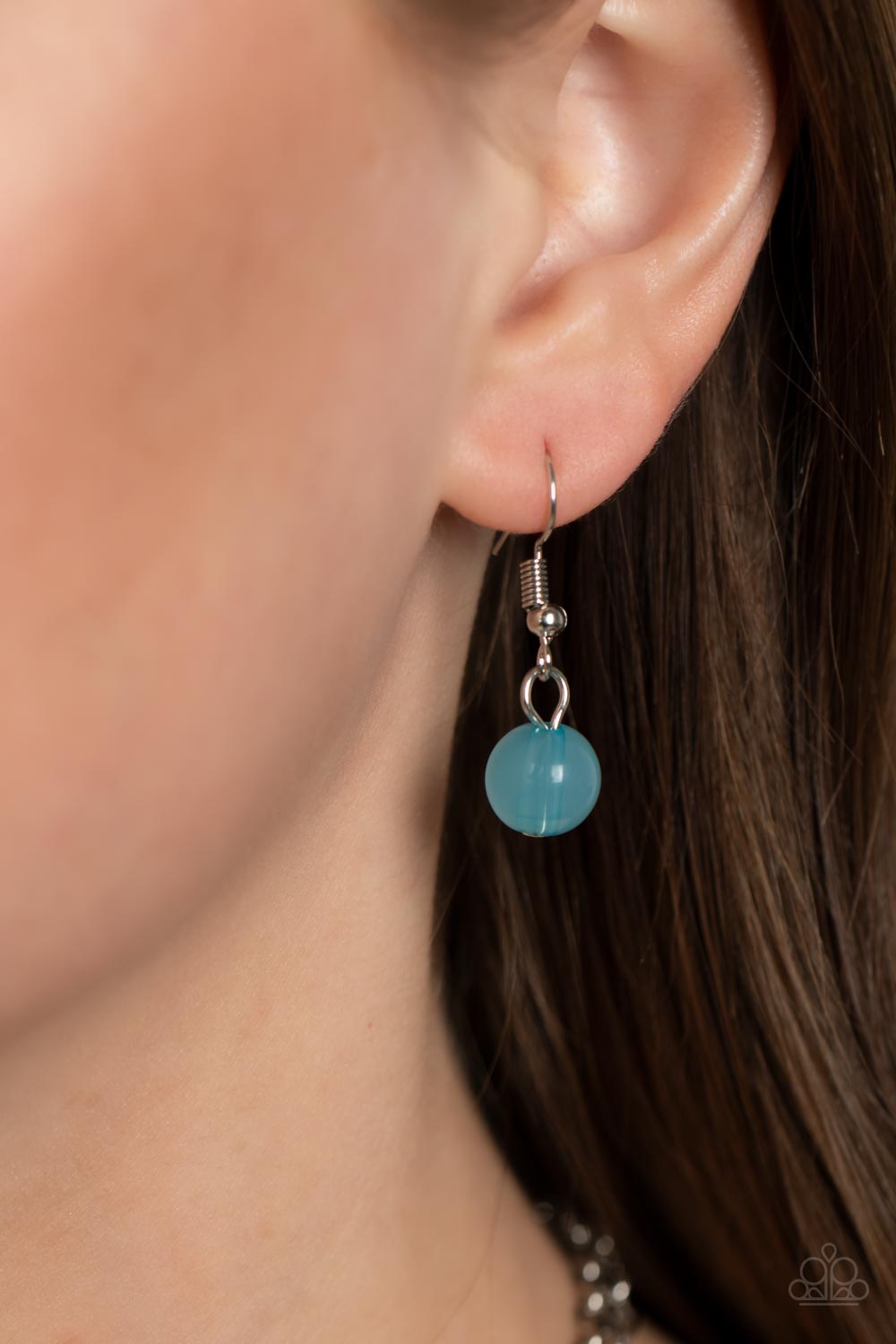 Paparazzi Accessories Mere Magic - Blue Featuring various shapes and finishes, a mismatched assortment of silver, iridescent, opaque Waterspout beads have been threaded along invisible wires below the collar, creating ethereal layers. Features an adjustab