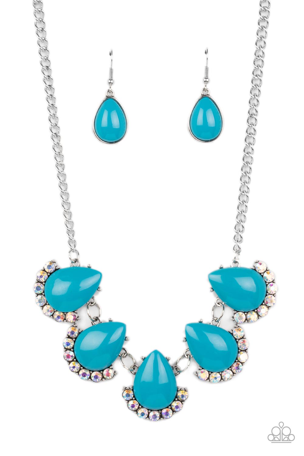 Paparazzi Accessories Ethereal Exaggerations - Blue Underscored by rows of iridescent rhinestones, a row of oversized blue teardrop beads dramatically links into a powerful pop of color below the collar. Features an adjustable clasp closure. Due to its pr