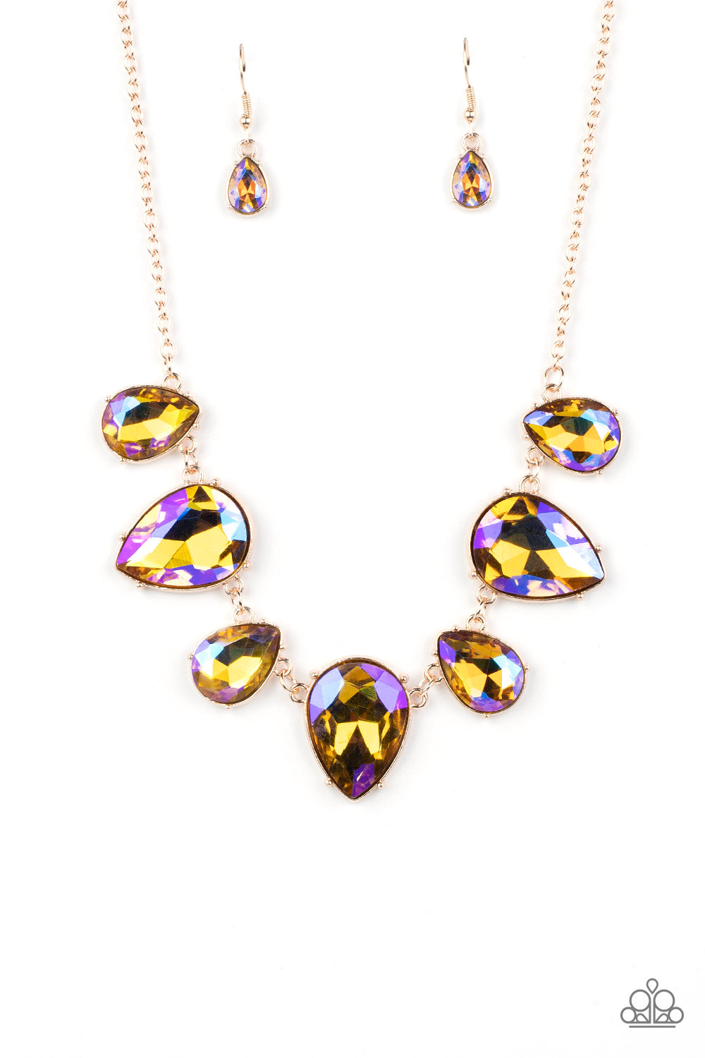 Paparazzi Accessories Otherworldly Opulence - Multi 2 Featuring a stellar iridescence, an oversized collection of glittery iridescent teardrop gems alternates upside down and right-side-up below the collar for an out-of-this-world sparkle. Features an adj