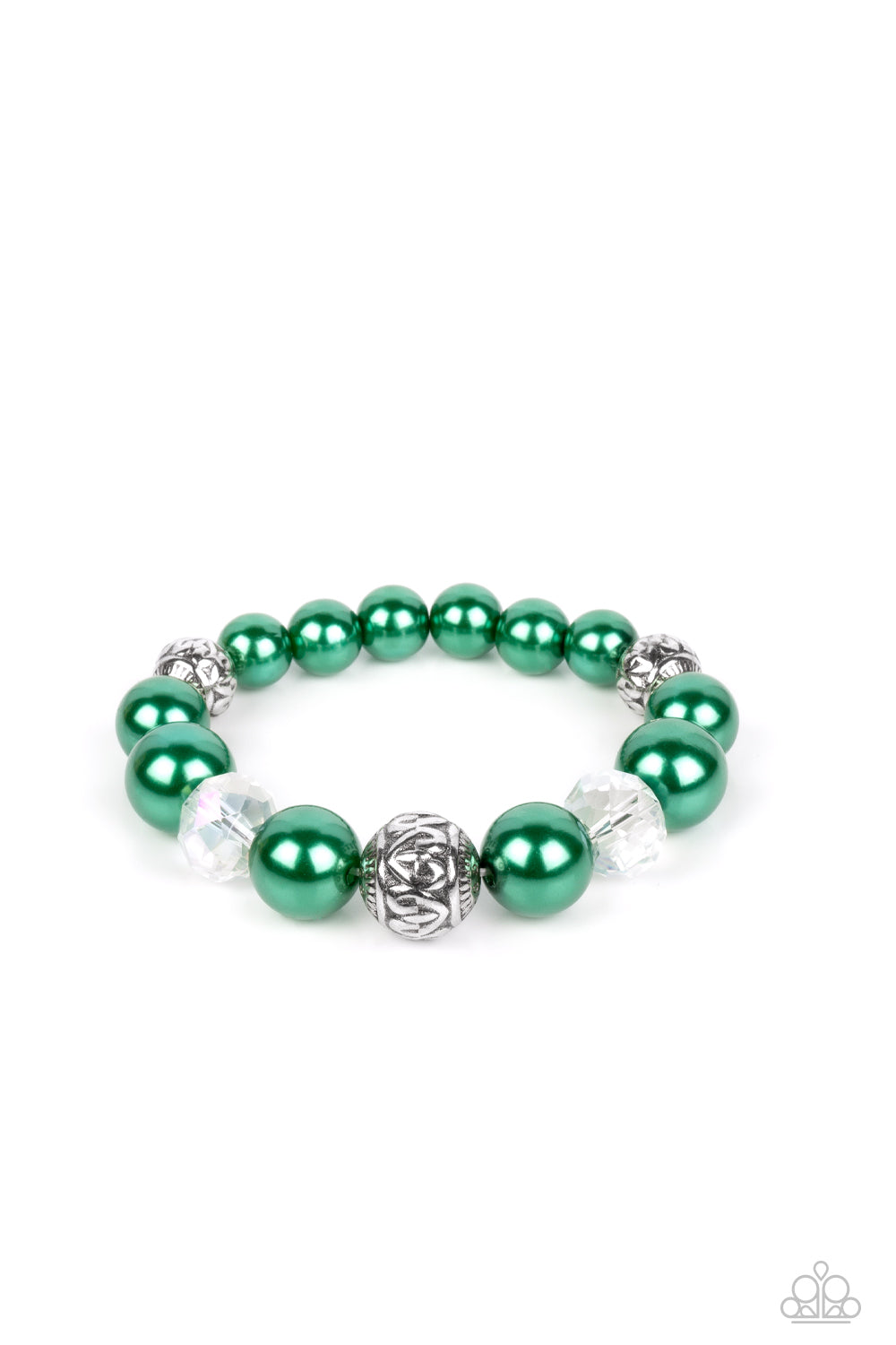 Paparazzi Accessories Royal Reward - Green Bubbly Spearmint pearls, silver antique-detailed balls, and reflective beads nobly drape around the wrist on an elastic stretchy band for a refined pop of color. Sold as one individual bracelet. Get The Complete