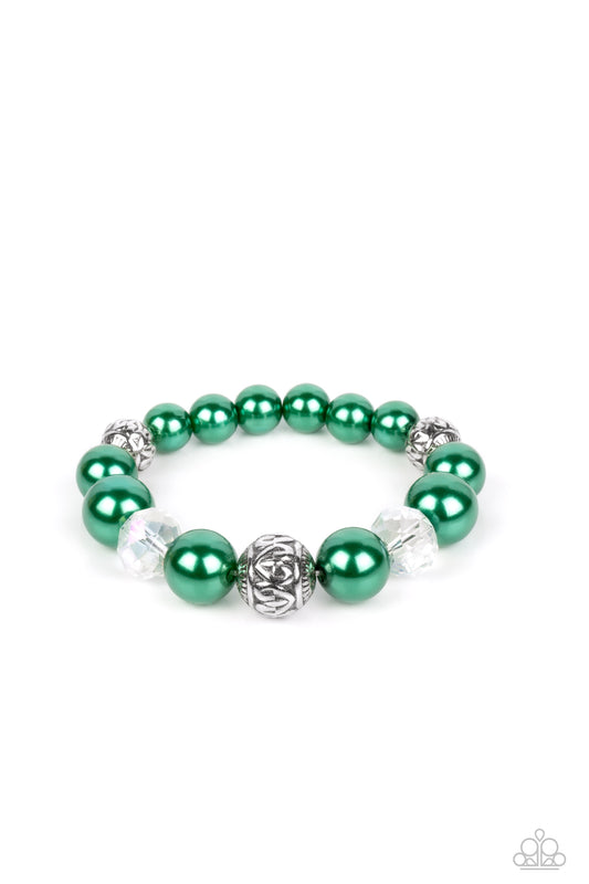 Paparazzi Accessories Royal Reward - Green Bubbly Spearmint pearls, silver antique-detailed balls, and reflective beads nobly drape around the wrist on an elastic stretchy band for a refined pop of color. Sold as one individual bracelet. Get The Complete