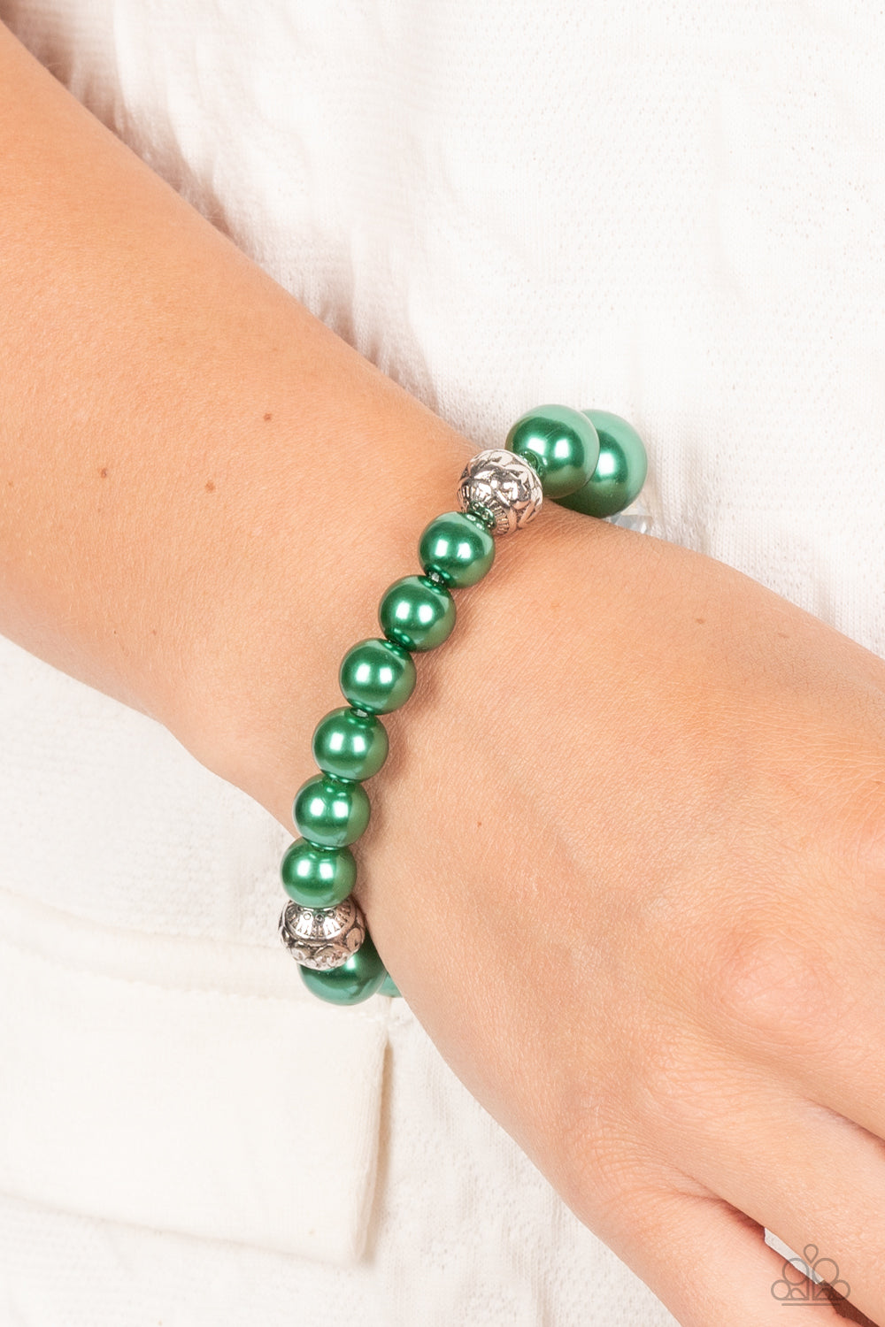 Paparazzi Accessories Royal Reward - Green Bubbly Spearmint pearls, silver antique-detailed balls, and reflective beads nobly drape around the wrist on an elastic stretchy band for a refined pop of color. Sold as one individual bracelet. Get The Complete