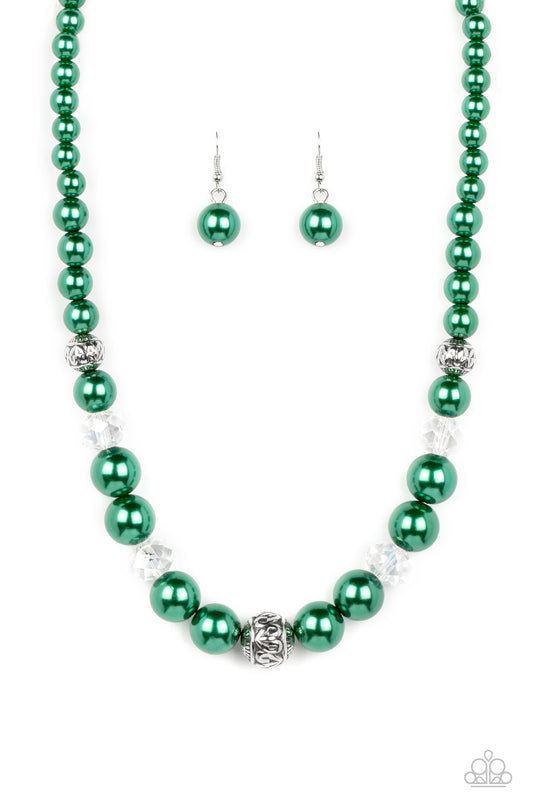 Paparazzi Accessories The NOBLE Prize - Green Bubbly Spearmint pearls, silver antique-detailed balls, and reflective beads nobly drape around the collar for a refined pop of color. Features an adjustable clasp closure. Sold as one individual necklace. Inc
