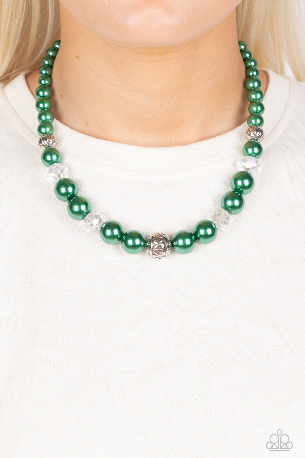 Paparazzi Accessories The NOBLE Prize - Green Bubbly Spearmint pearls, silver antique-detailed balls, and reflective beads nobly drape around the collar for a refined pop of color. Features an adjustable clasp closure. Sold as one individual necklace. Inc