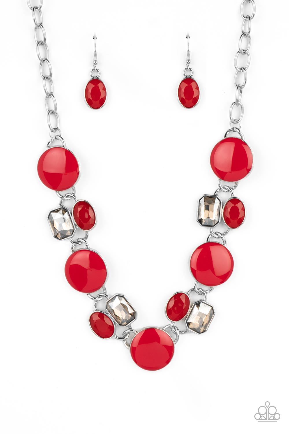 Paparazzi Accessories Dreaming in MULTICOLOR - Red Sparkling smoky gems combine with red beads and alternate across the collar with oversized discs painted in red enamel. The whimsically modern collection connects to a silver chain resulting in a charisma