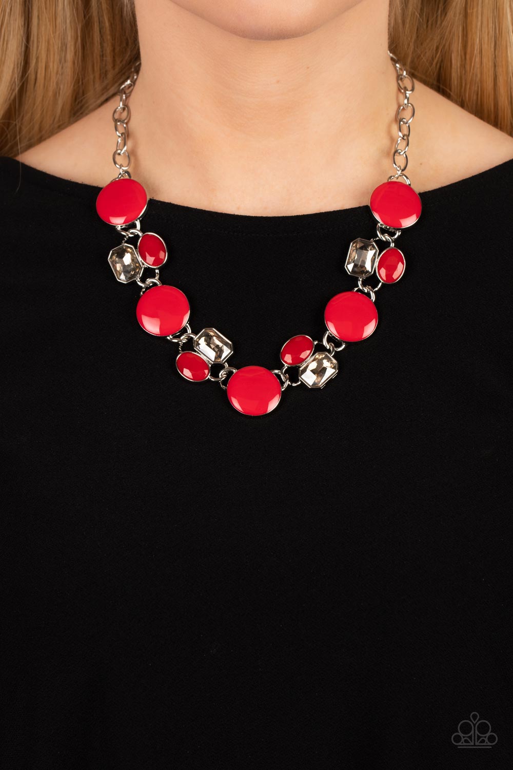 Paparazzi Accessories Dreaming in MULTICOLOR - Red Sparkling smoky gems combine with red beads and alternate across the collar with oversized discs painted in red enamel. The whimsically modern collection connects to a silver chain resulting in a charisma