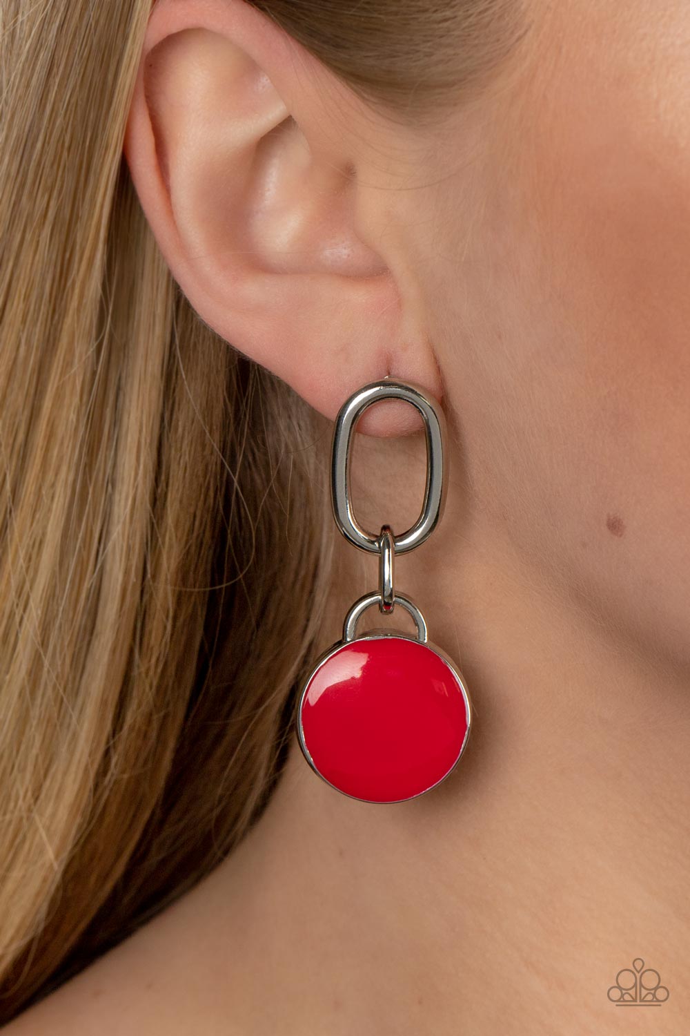 Paparazzi Accessories Drop a TINT - Red A disc painted in true red enamel is set in a simple silver frame, where it sways from the bottom of an oblong silver link to create a charming modern lure. Earring attaches to a standard post fitting. Sold as one p