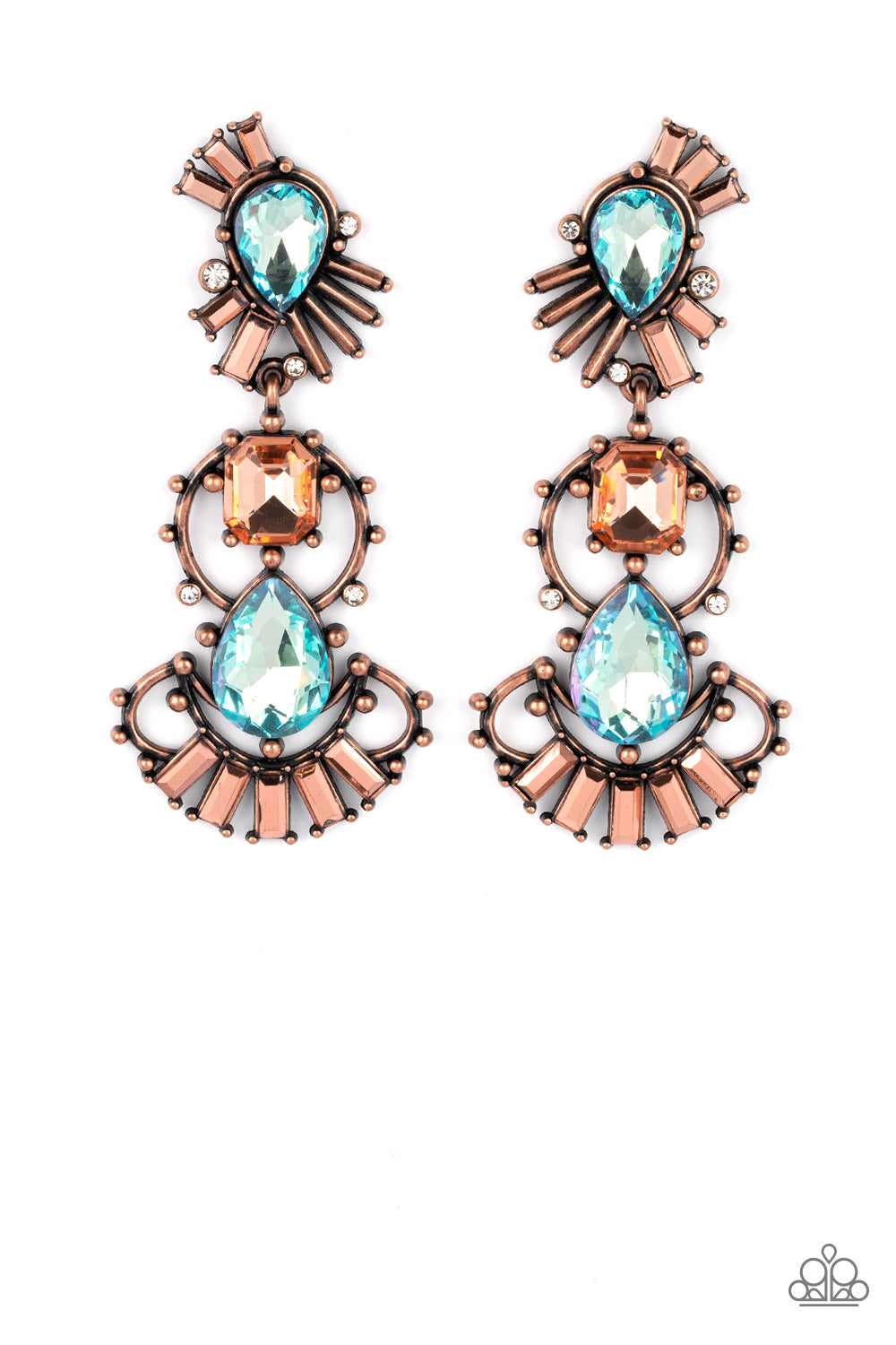 Paparazzi Accessories Ultra Universal - Copper A cosmic collision of iridescent blue teardrop gems and a solitaire topaz emerald cut rhinestone haphazardly adorns studded copper frames. Dotted in round white and emerald cut aurum rhinestone accents, the a
