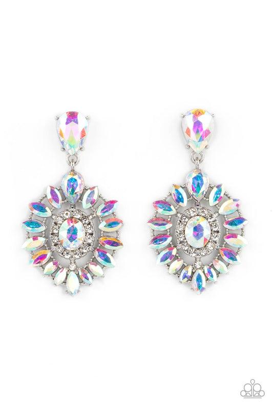 Paparazzi Accessories My Good LUXE Charm - Multi Bordered in dainty white rhinestones, an iridescent gem is pressed into the center of an explosion of iridescent marquise cut rhinestones. The icy frame swings from the bottom of a solitaire iridescent tear