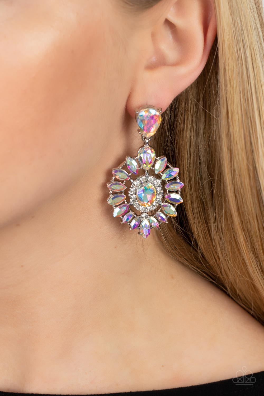Paparazzi Accessories My Good LUXE Charm - Multi Bordered in dainty white rhinestones, an iridescent gem is pressed into the center of an explosion of iridescent marquise cut rhinestones. The icy frame swings from the bottom of a solitaire iridescent tear