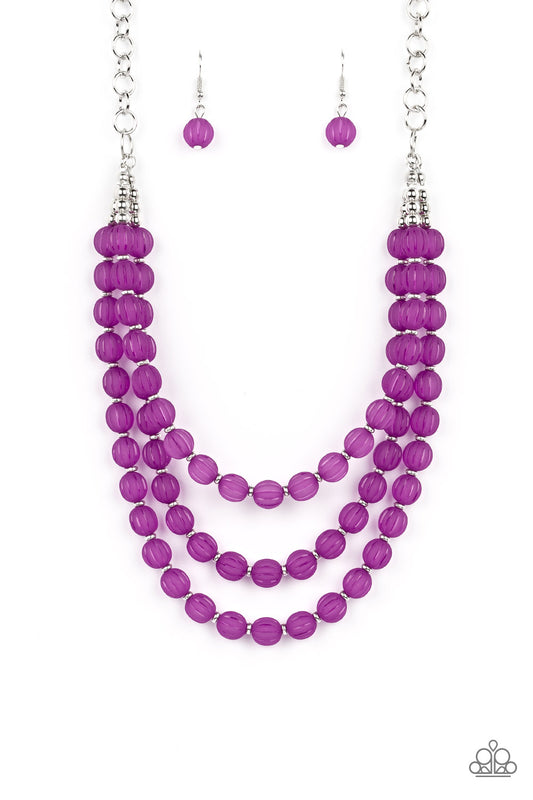 Paparazzi Accessories Summer Surprise - Purple Attached and separated by shiny silver beads, three rows of vibrant Dahlia-striped acrylic beads layer across the collar creating a colorful canvas. Features an adjustable clasp closure. Sold as one individua