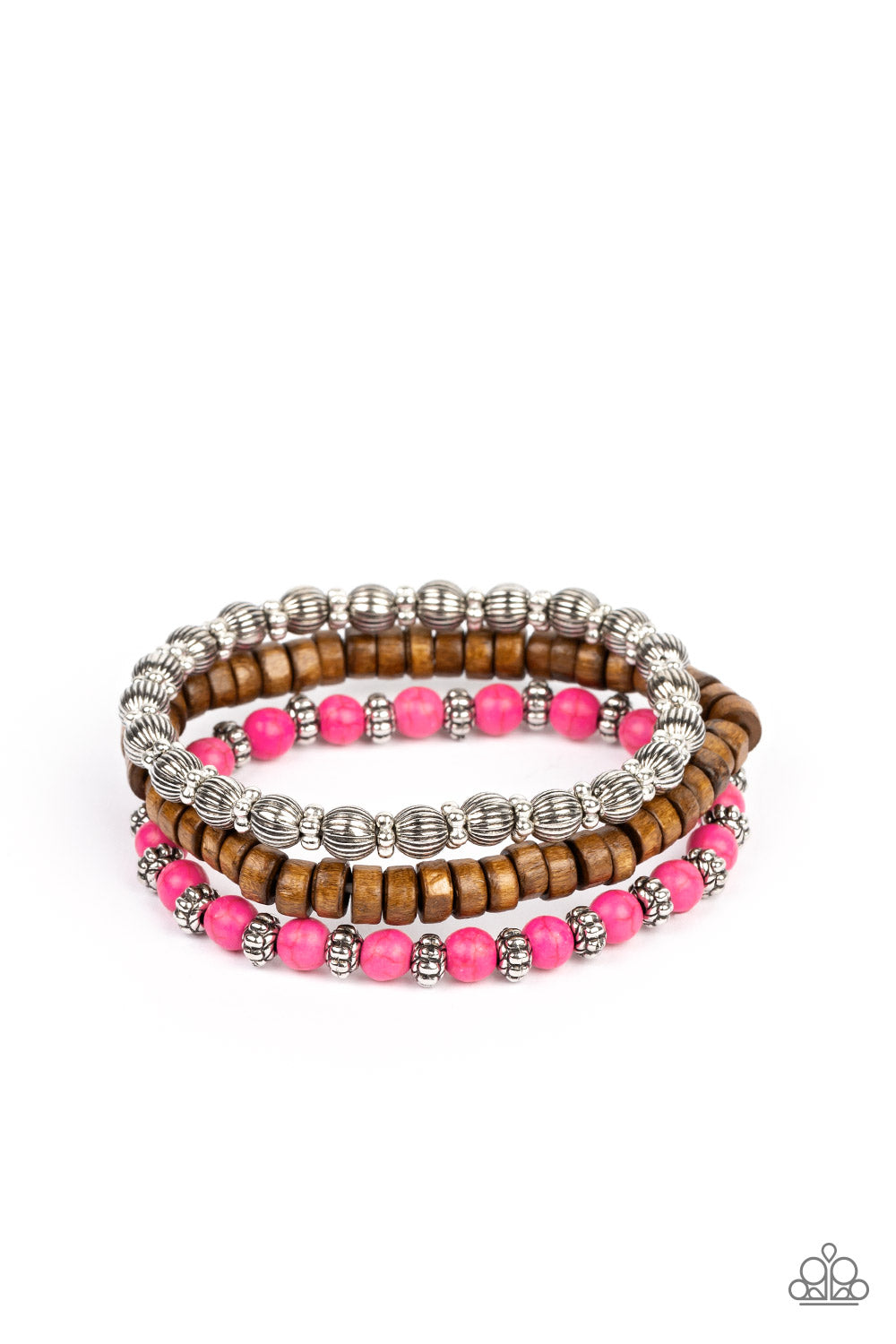 Paparazzi Accessories ESCAPADE Route - Pink Vivacious pink stone beads, wooden beads, and silver antiqued beads are threaded along elastic stretchy bands. Sprinkled between the colorful beads are dainty silver-studded flower beads for a whimsical finish.