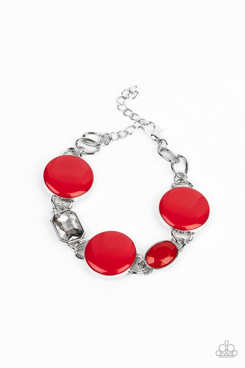 Paparazzi Accessories Dreamscape Dazzle - Red A rectangular sparkling smoky gem and a true red oval bead add elegance to a monochromatic collection of three oversized red circles. Set in silver frames, the whimsical collection attaches to a silver chain,