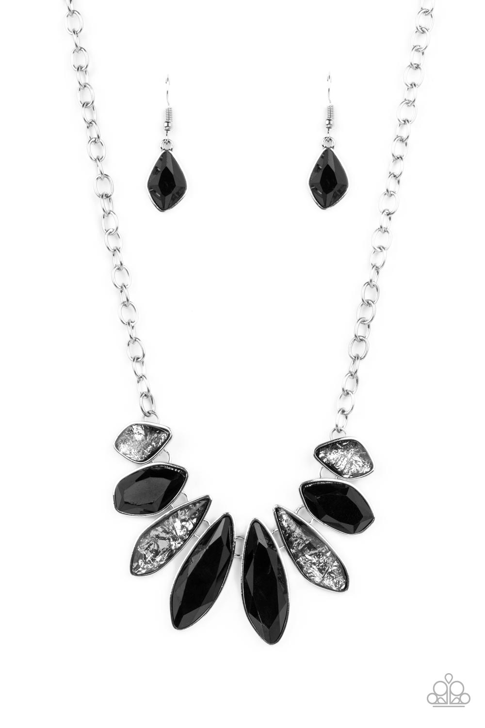 Paparazzi Accessories Crystallized Couture - Black A thick silver chain gives way to a collection of edgy silver frames that fall in line along the collar. The asymmetrical frames are emphasized by the alternating gems inside them, resulting in a gorgeous