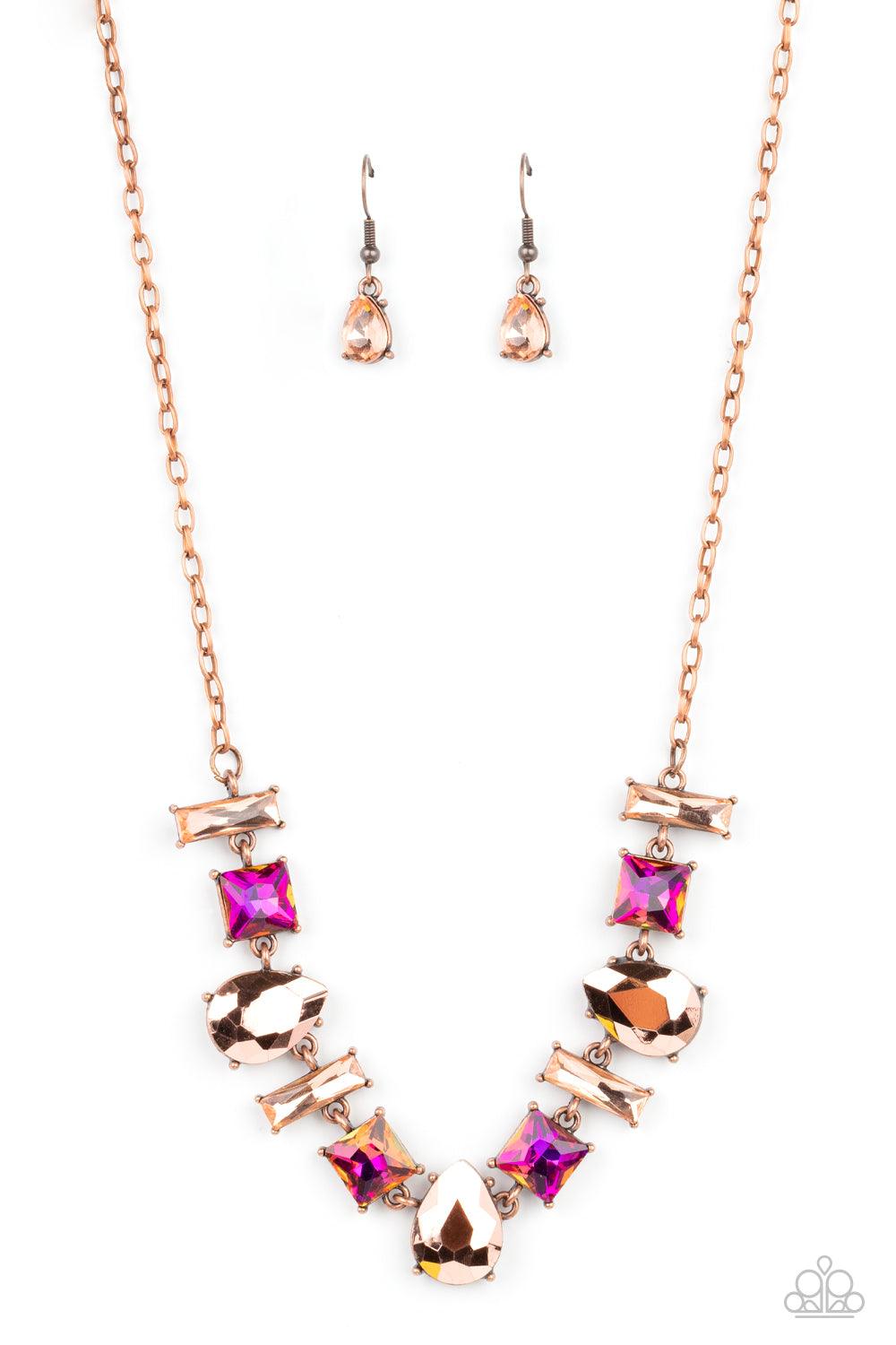 Paparazzi Accessories Interstellar Ice - Copper Featuring glassy, iridescent, and oil spill finishes, a mismatched collection of emerald cut topaz, square multicolored, and teardrop metallic copper gems delicately connect below the collar for a stellar st