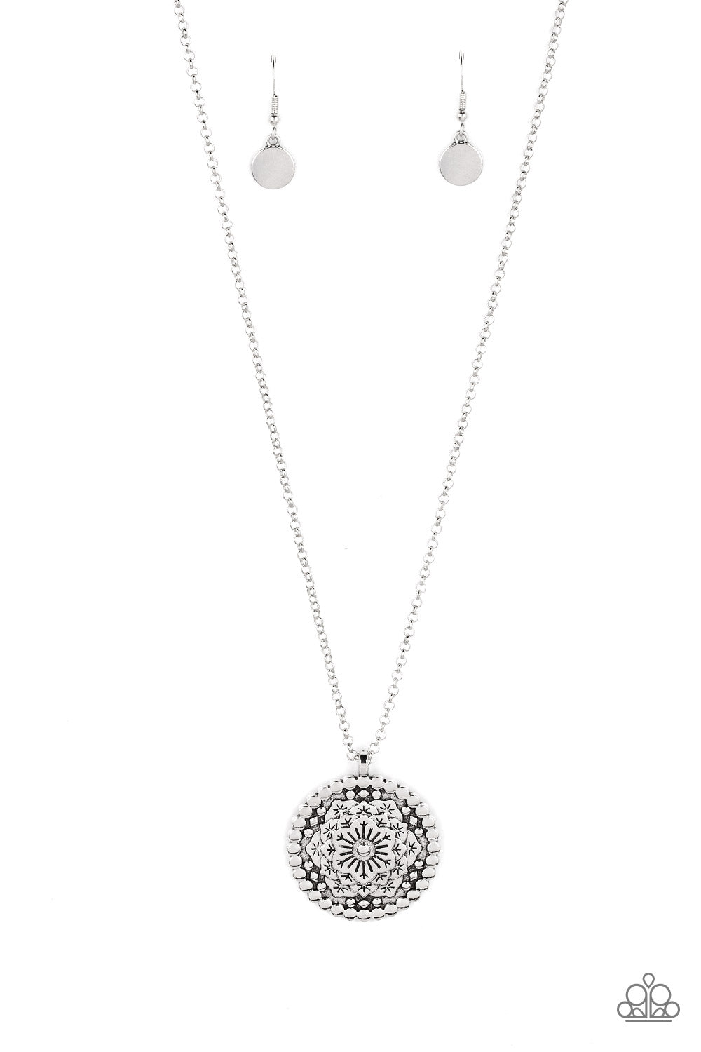 Paparazzi Accessories Summer HOMESTEAD - Silver A circular silver disc is embellished with an intricate floral mandala motif. Tactile silver dots encircle the blooming flowers with an additional silver stud adorning the top of the design. Each petal is et