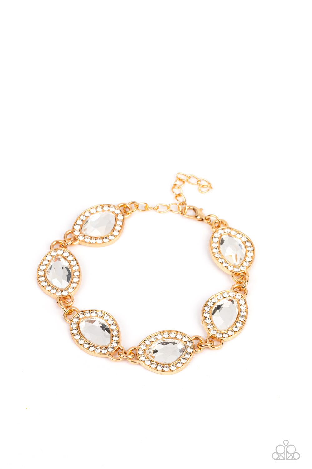 Paparazzi Accessories Next-Level Sparkle - Gold Bordered in gold frames dotted with tiny flecks of white rhinestones, a pair of asymmetrical white gems delicately link into a spellbinding sparkle around the wrist. Features an adjustable clasp closure. Sol