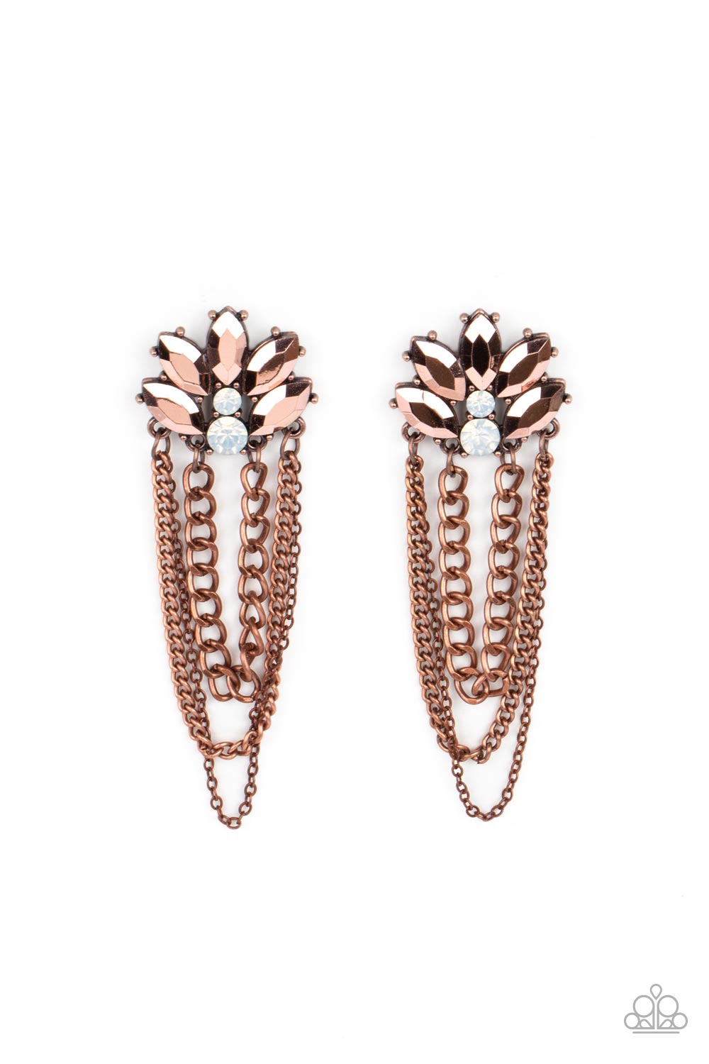 Paparazzi Accessories Reach for the SKYSCRAPERS - Copper Marquise-cut beads in a coppery metallic finish fan out from a pair of white rhinestones to create a dramatic display. Strands of copper chains drape from the metallic fixture, creating swaying move