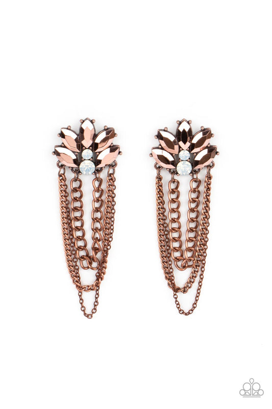 Paparazzi Accessories Reach for the SKYSCRAPERS - Copper Marquise-cut beads in a coppery metallic finish fan out from a pair of white rhinestones to create a dramatic display. Strands of copper chains drape from the metallic fixture, creating swaying move
