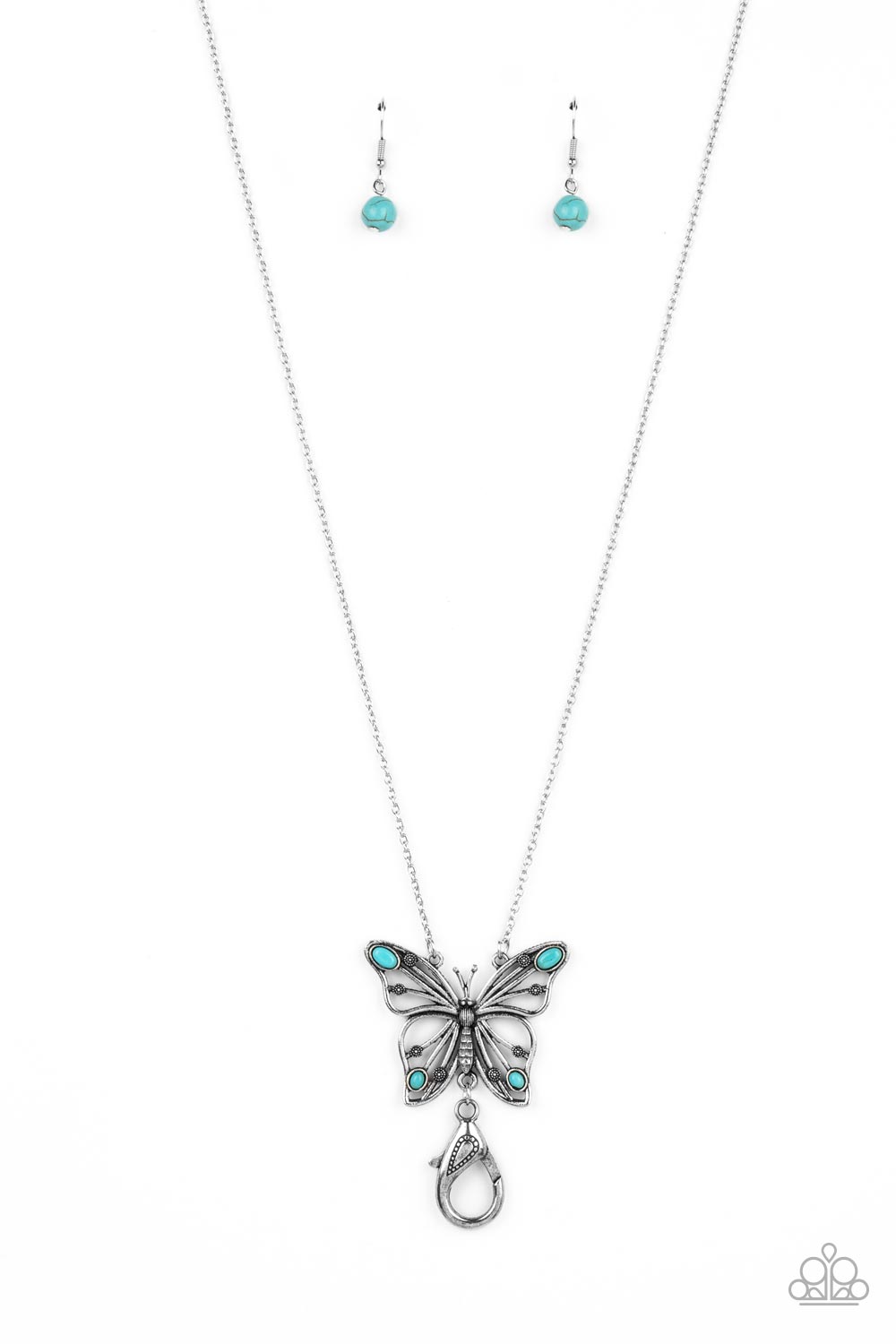 Paparazzi Accessories Badlands Butterfly - Blue *Lanyard Accented in oval turquoise stones, a decorative silver butterfly flutters at the bottom of a silver chain for a free-spirited finish. A lobster clasp hangs from the bottom of the design to allow a n